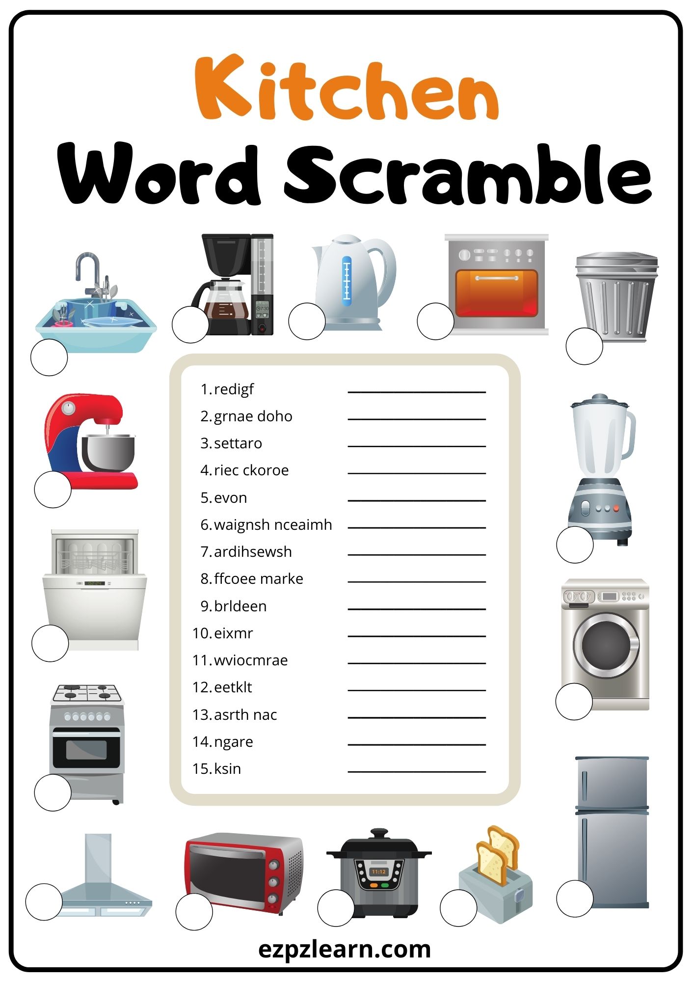 Kitchen 1 Word Scramble 2 Ezpzlearn Com   Kitchen 2 Words Unscramble 2 